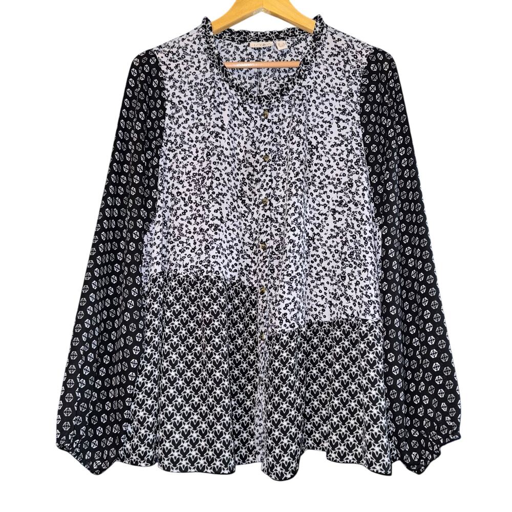 LOGO Floral Cottage Top Women's Medium Long Balloon Sleeves Prairie Asymmetrical